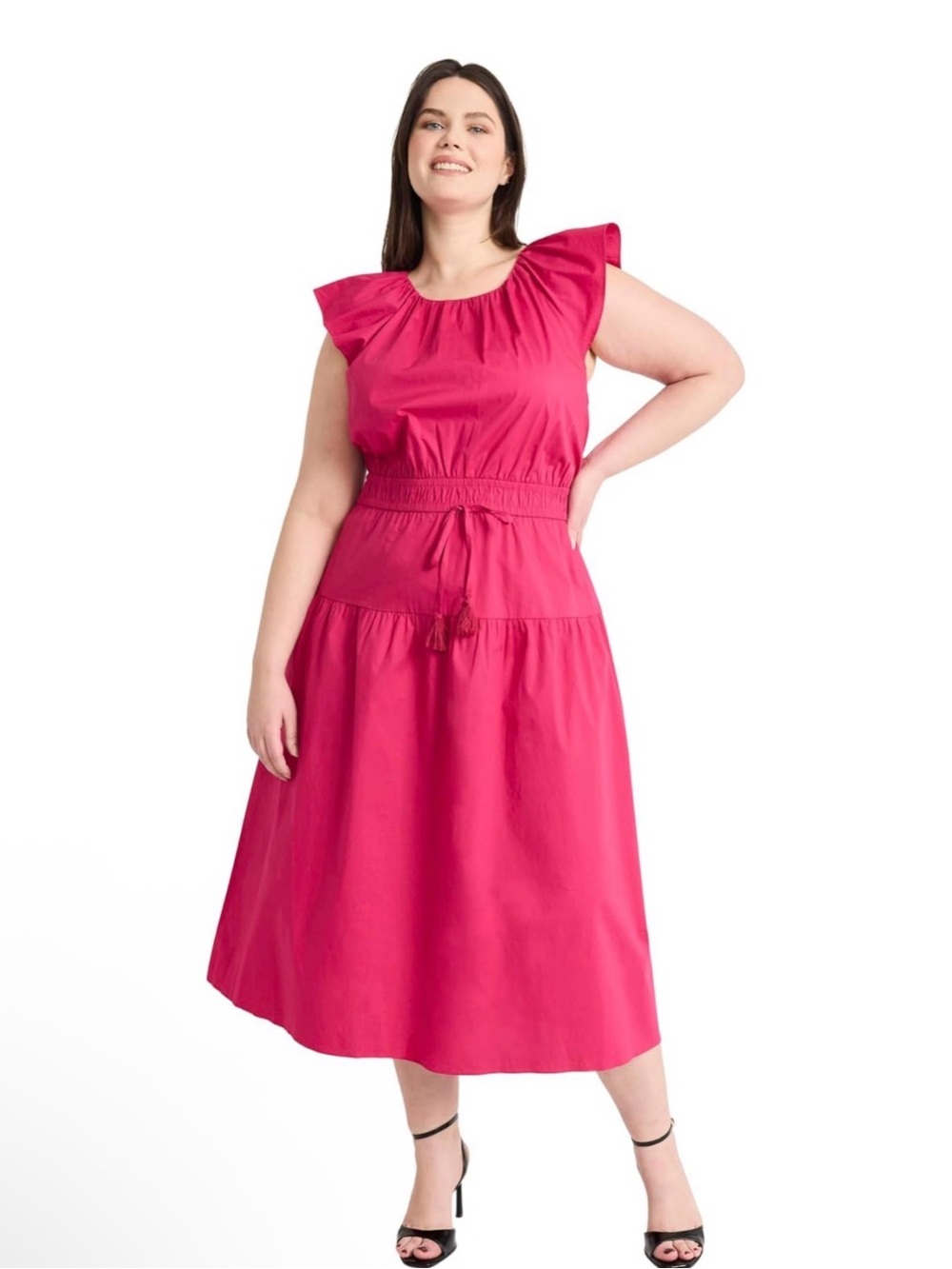 Maggy London Fuchsia Ruffled-Shoulder Midi Dress